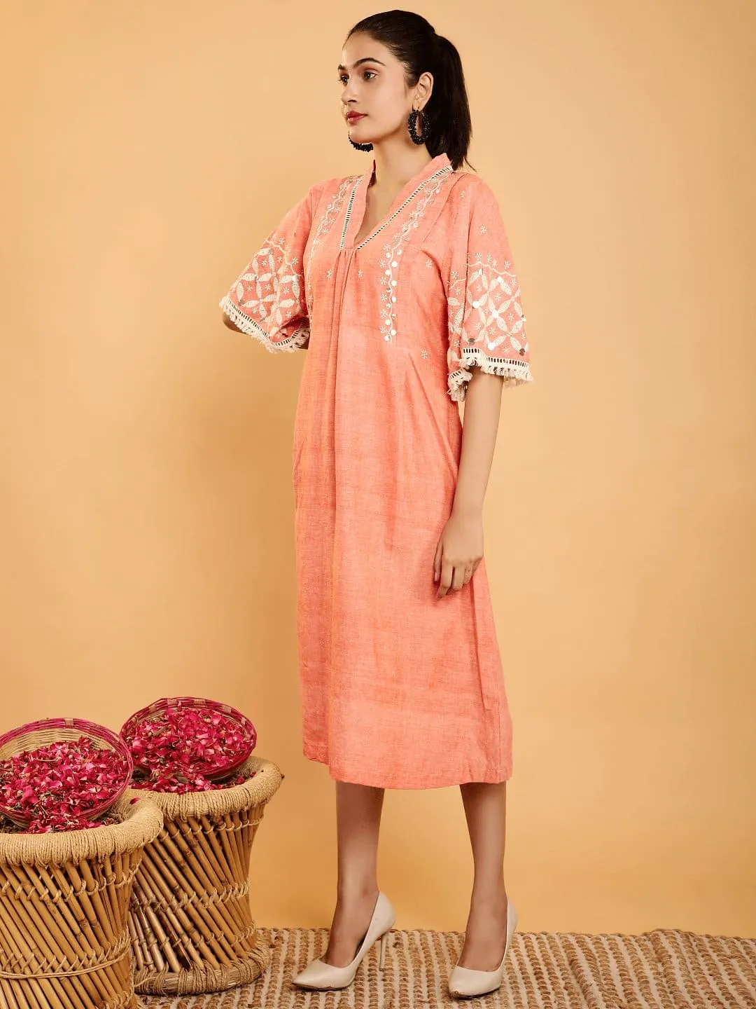 Peach Boho Chikankari Cotton Dress
