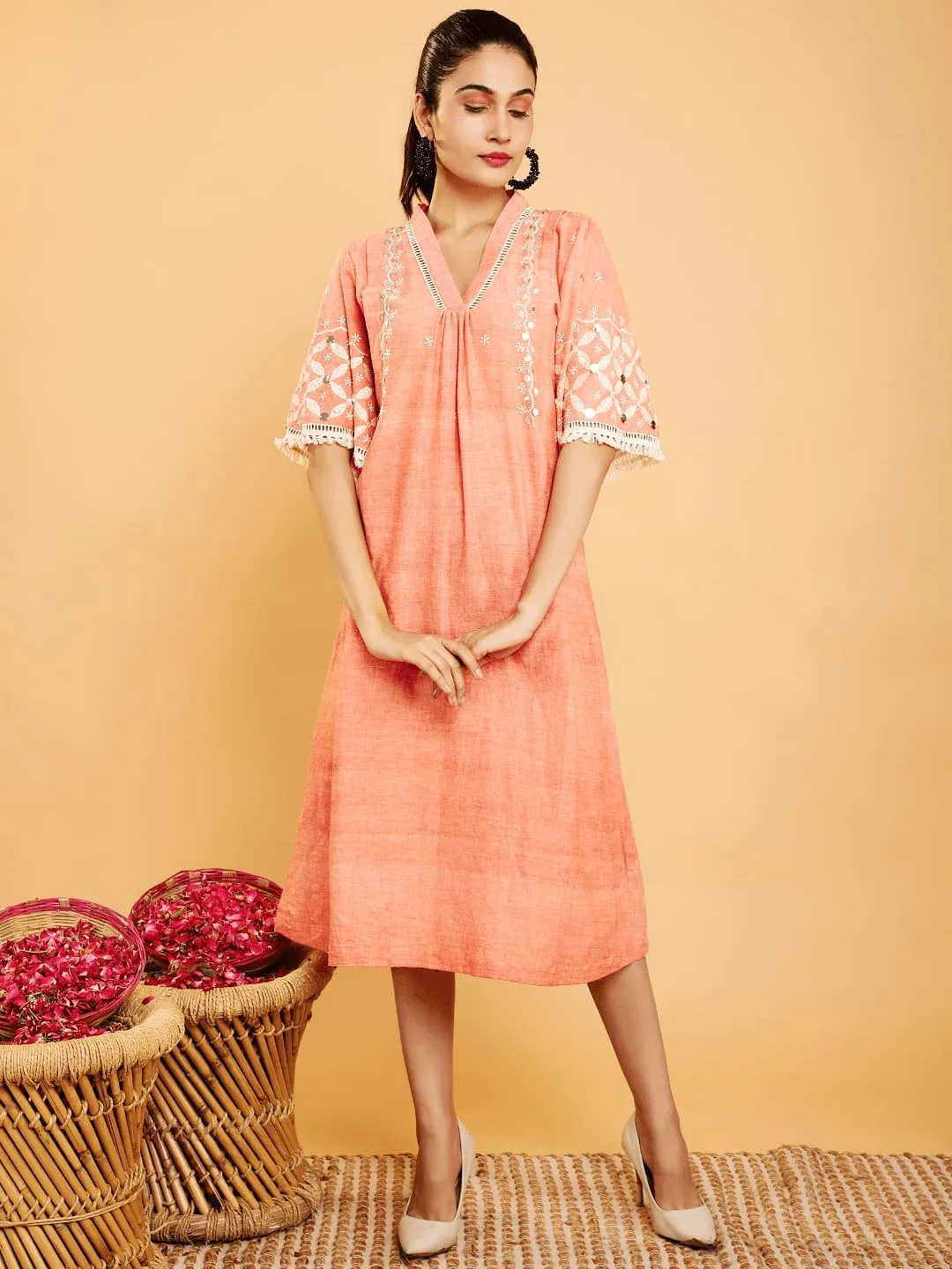 Peach Boho Chikankari Cotton Dress
