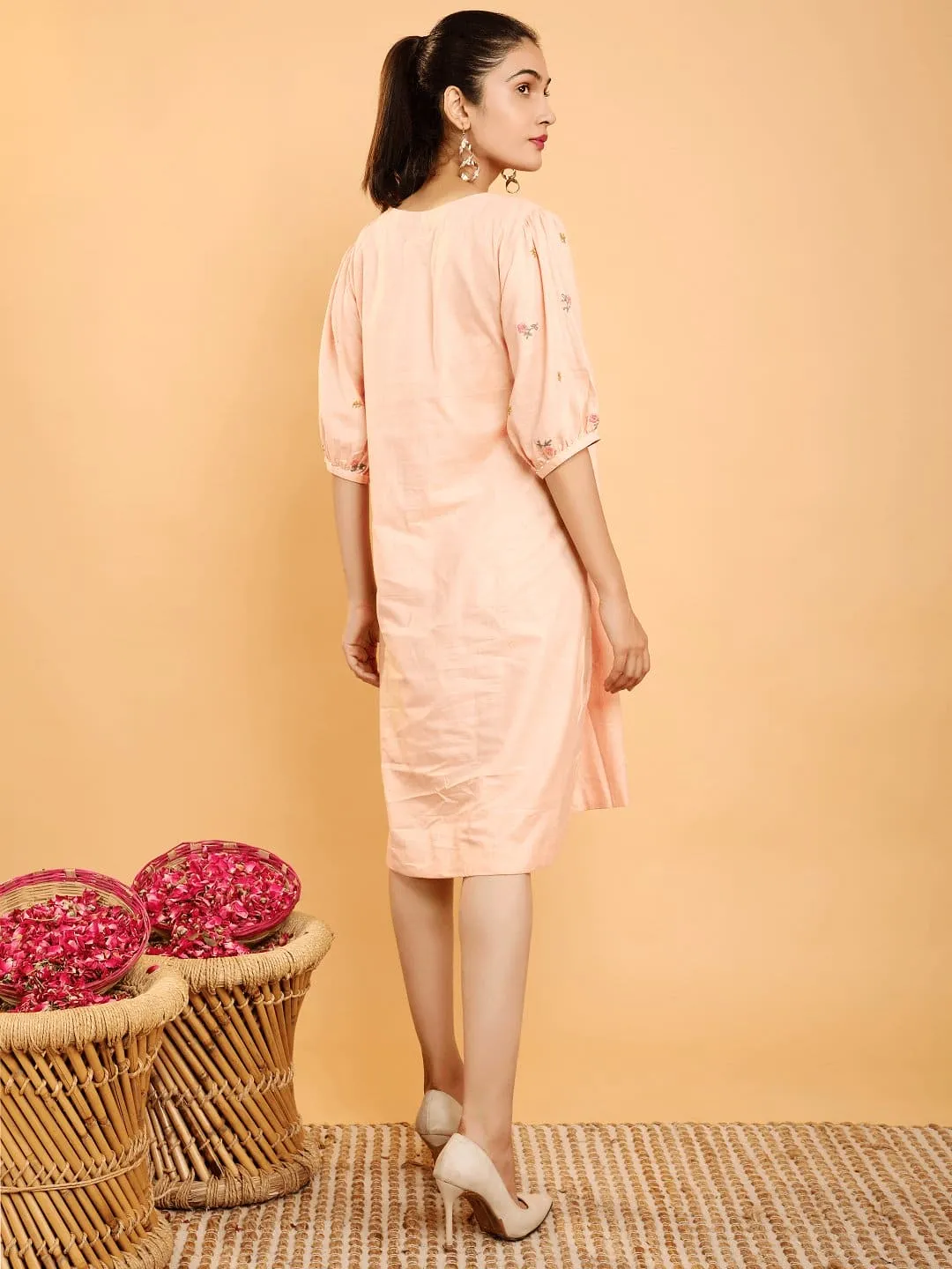 Peach Khadi Boho Chikankari Dress