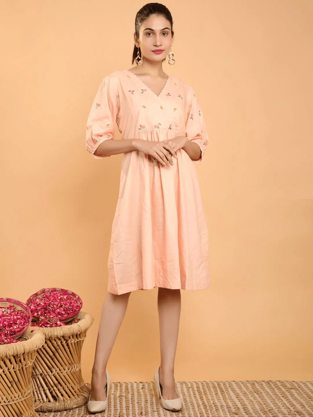 Peach Khadi Boho Chikankari Dress