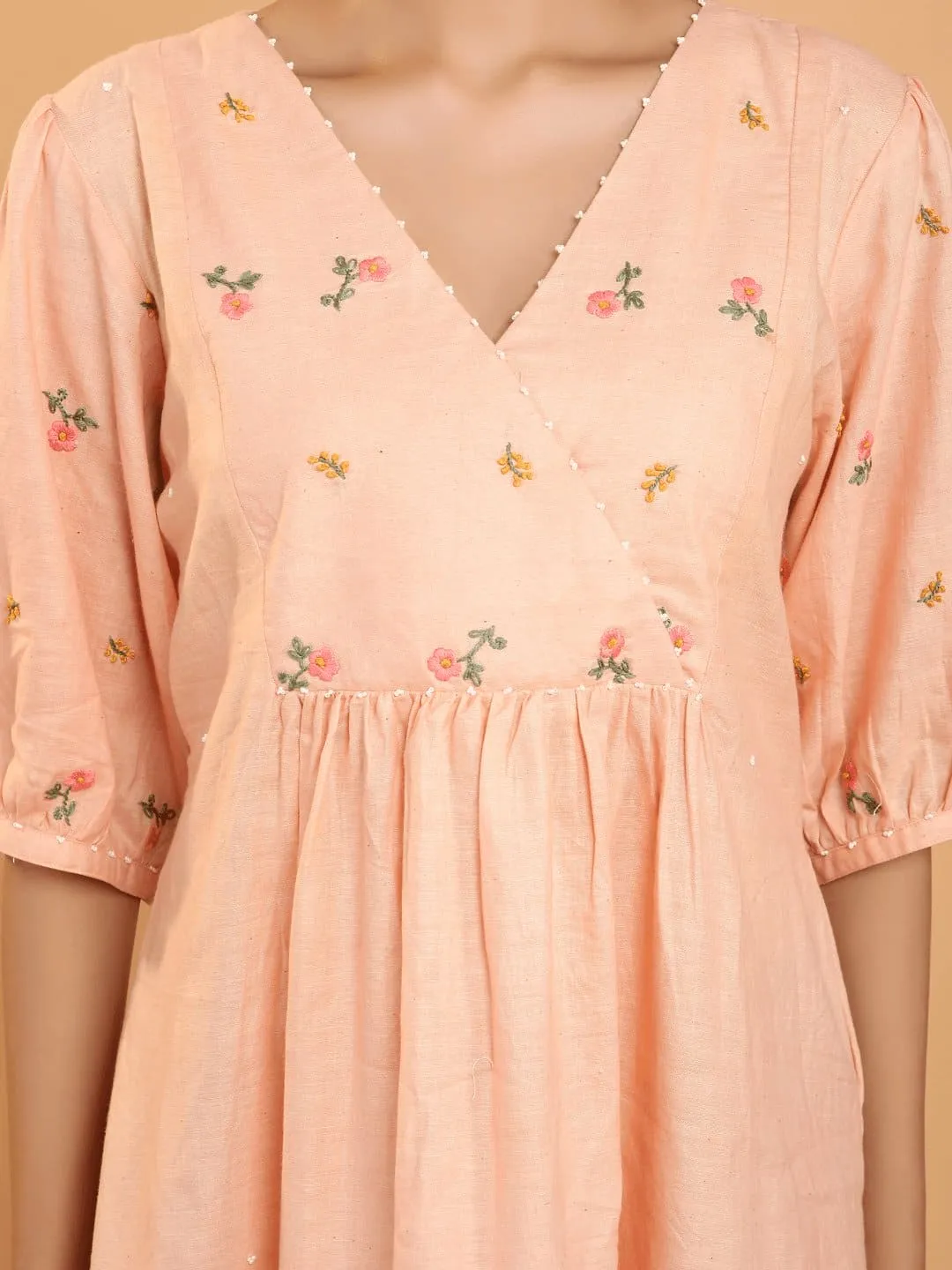 Peach Khadi Boho Chikankari Dress