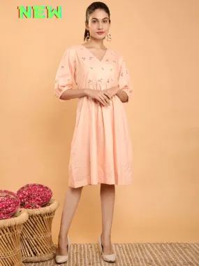Peach Khadi Boho Chikankari Dress