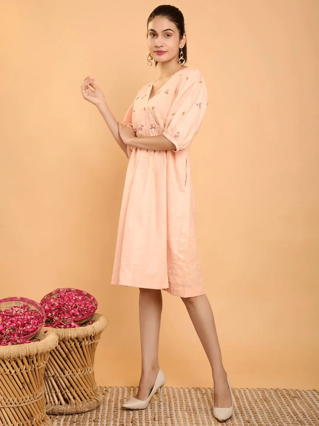 Peach Khadi Boho Chikankari Dress