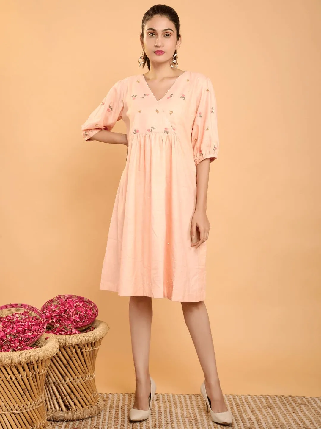 Peach Khadi Boho Chikankari Dress