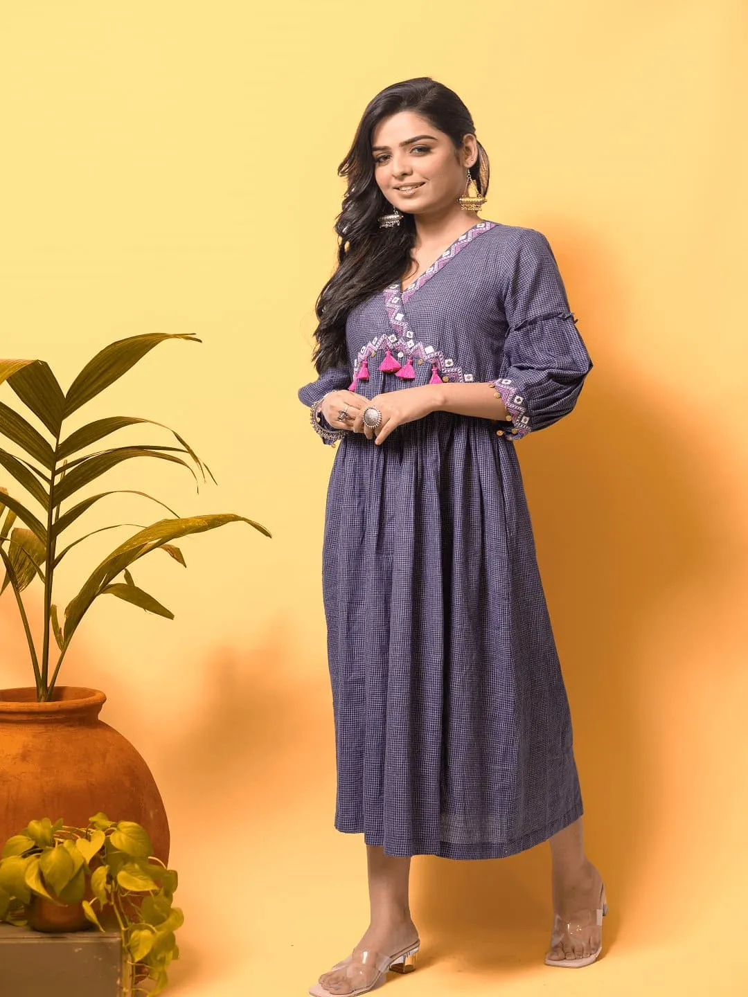 Persian blue Khadi-Check Nordic embroiderd Boho Dress.