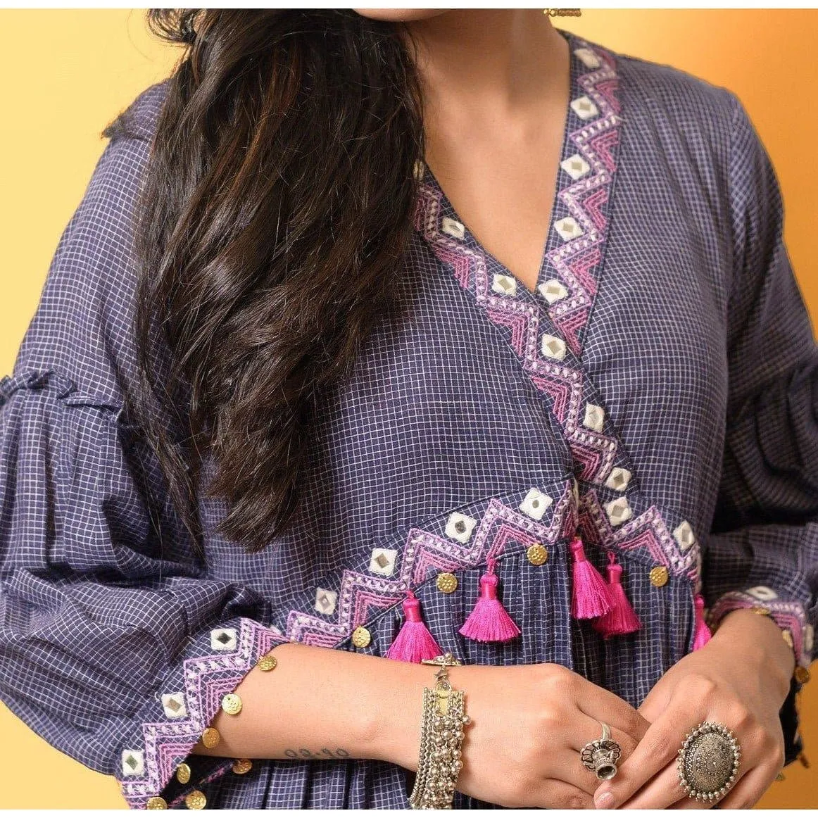 Persian blue Khadi-Check Nordic embroiderd Boho Dress.