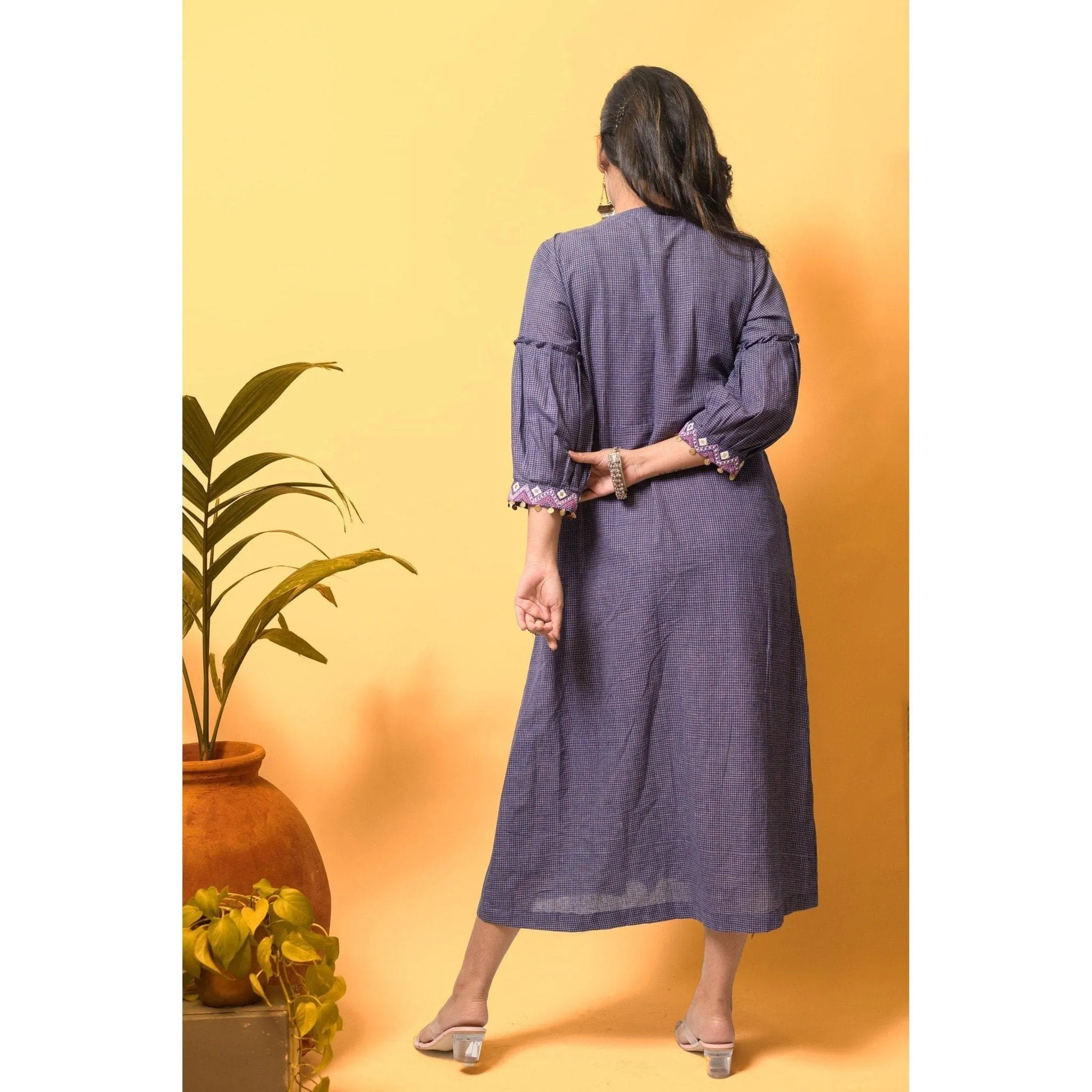Persian blue Khadi-Check Nordic embroiderd Boho Dress.