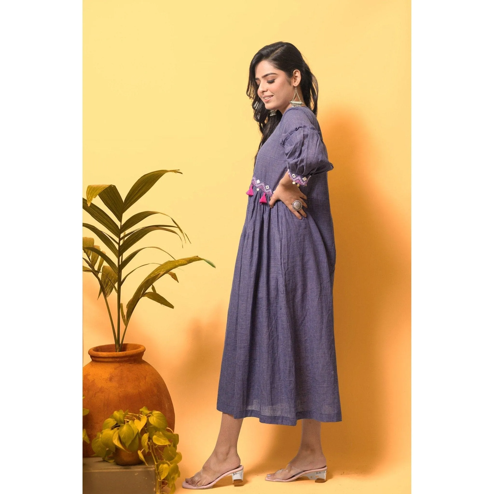 Persian blue Khadi-Check Nordic embroiderd Boho Dress.