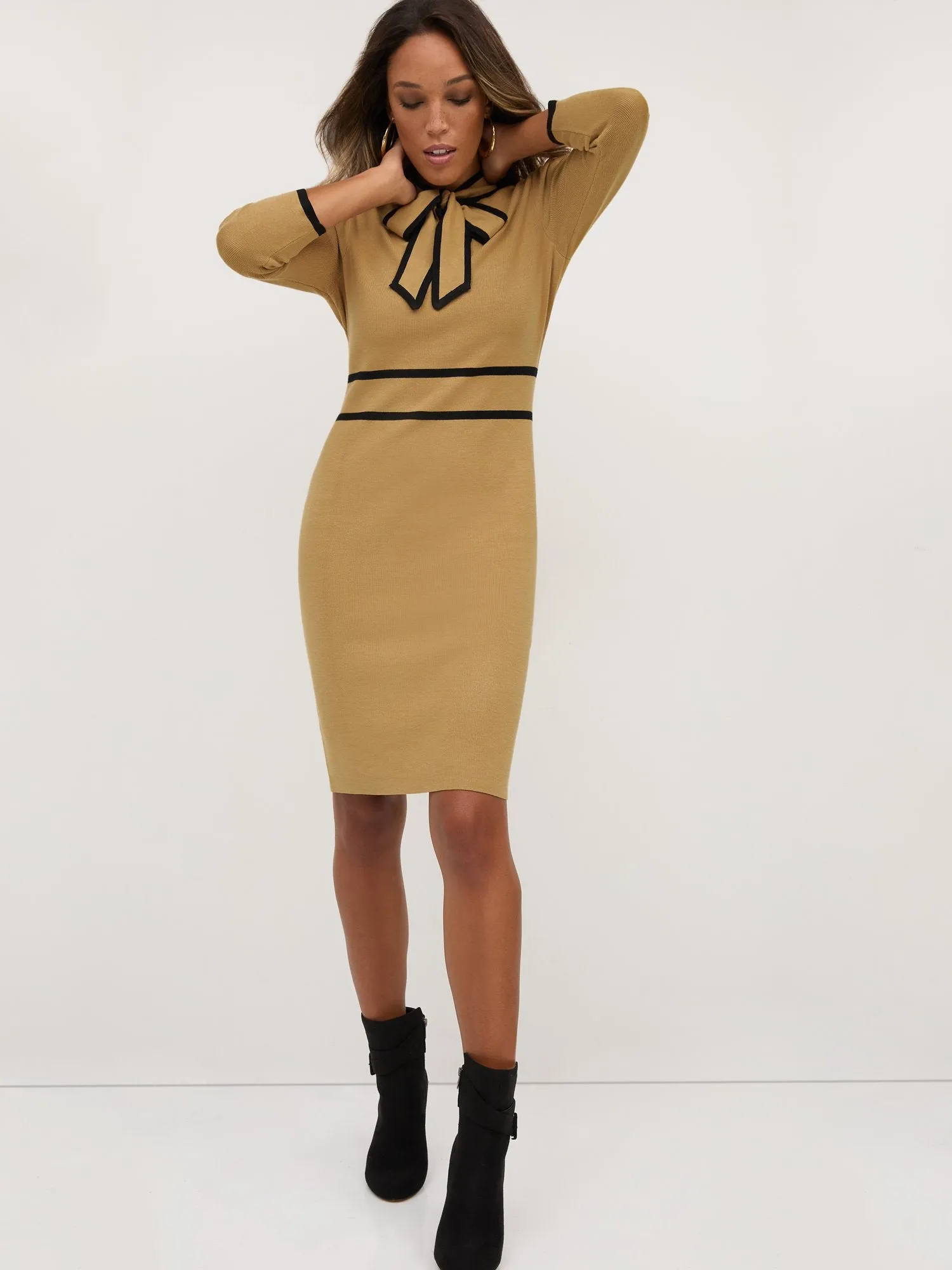 Piped Bow-Neck Sweater Dress