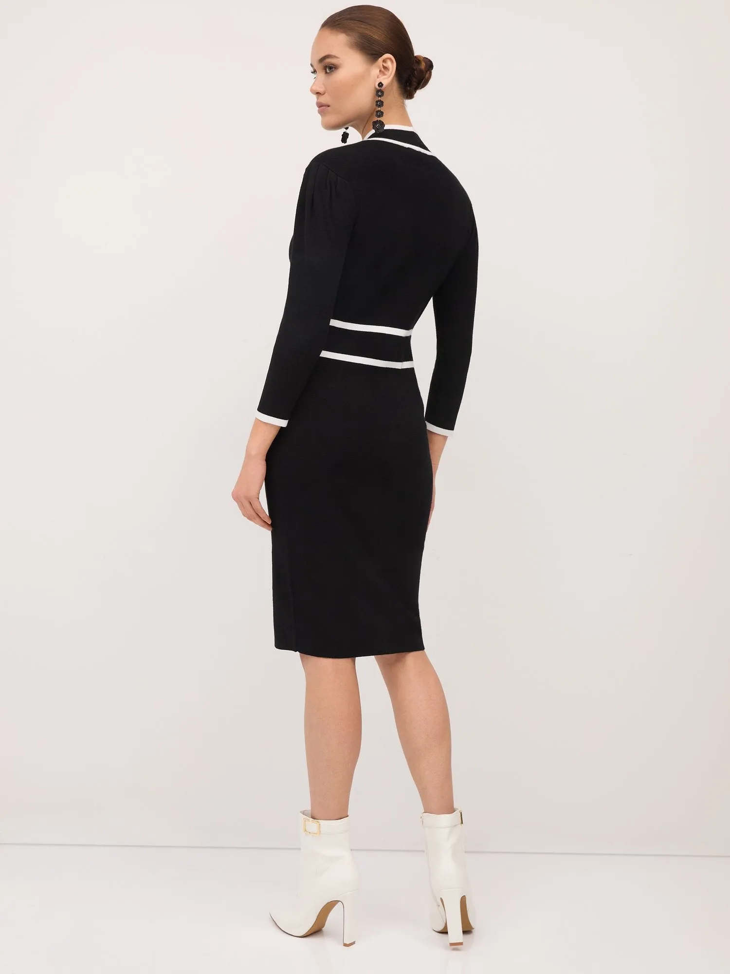Piped Bow-Neck Sweater Dress