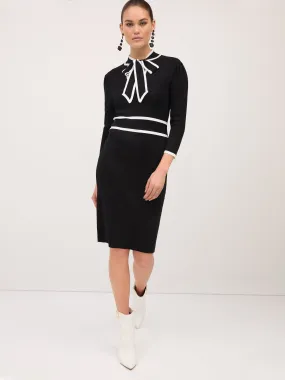 Piped Bow-Neck Sweater Dress