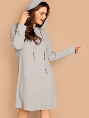 Plus Rib Knit Solid Hooded Dress
