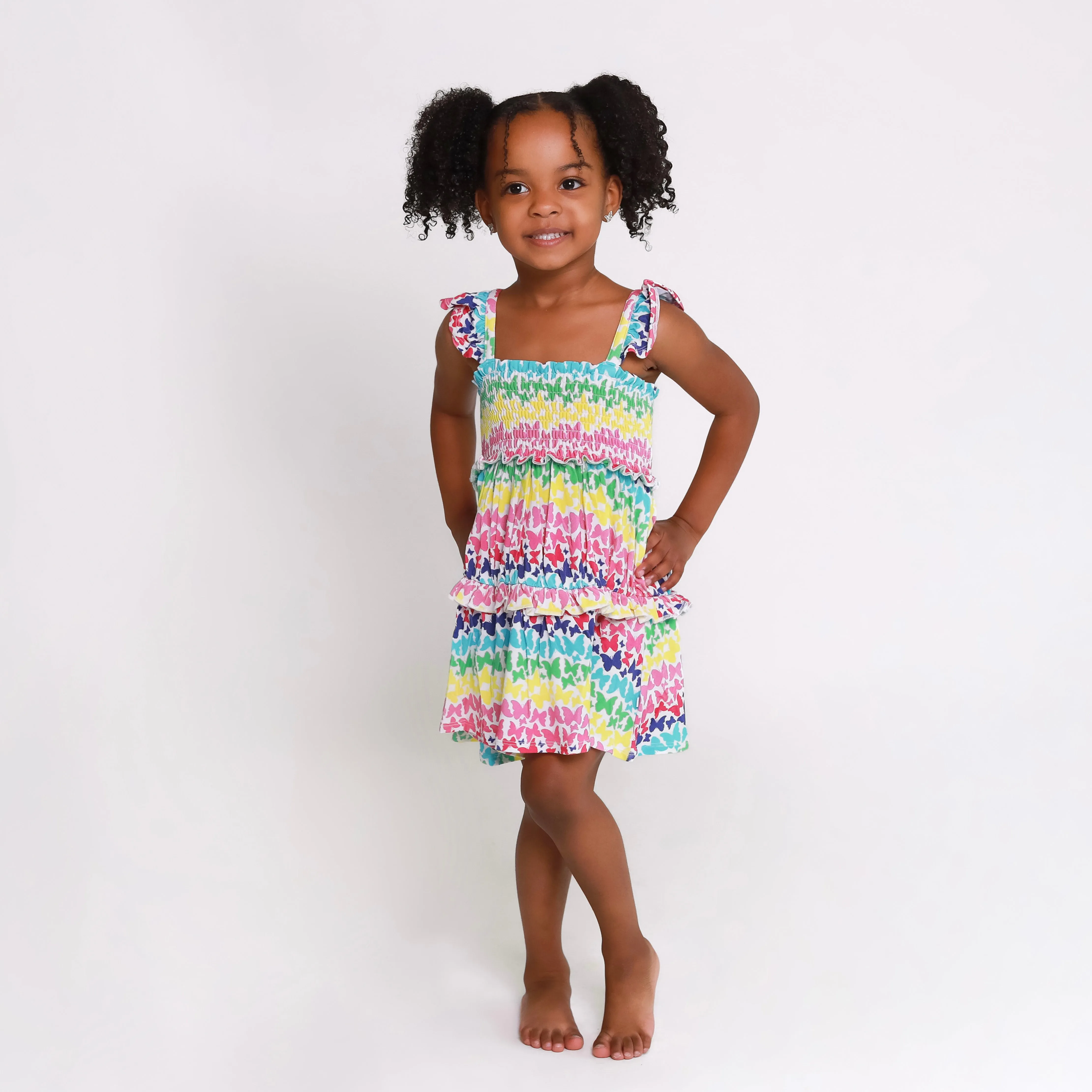 Posh Peanut Smocked Flutter Sleeve Babydoll Dress - Rainbow Butterfly