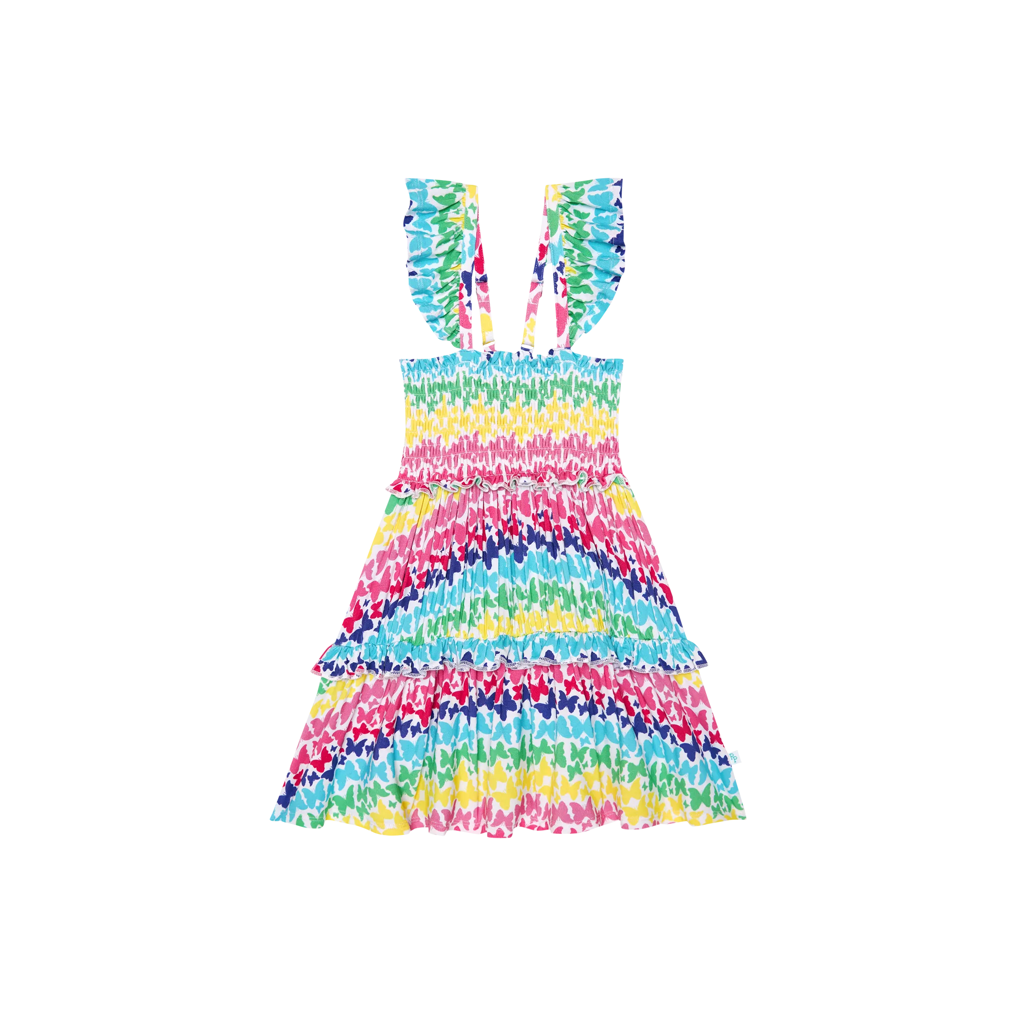 Posh Peanut Smocked Flutter Sleeve Babydoll Dress - Rainbow Butterfly