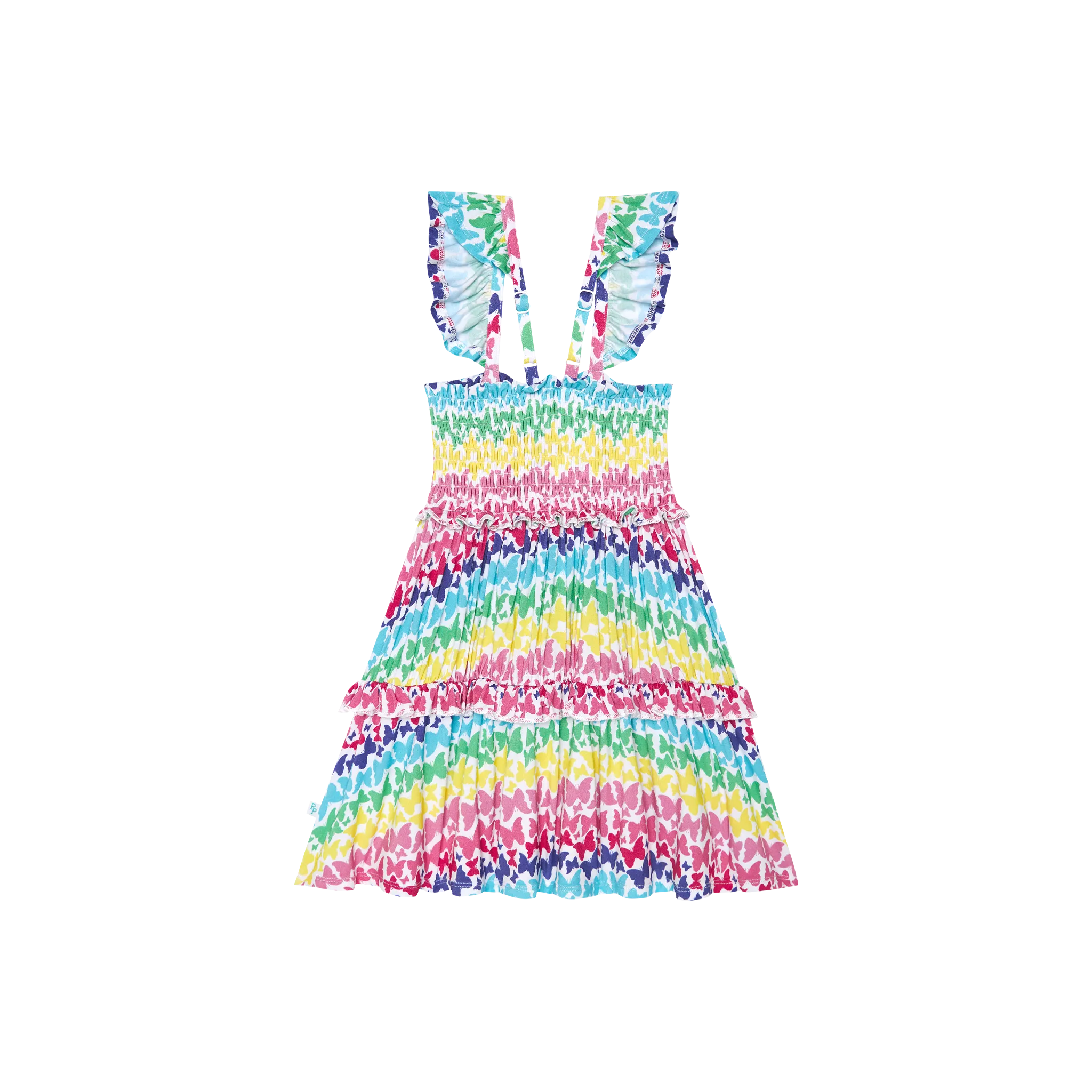 Posh Peanut Smocked Flutter Sleeve Babydoll Dress - Rainbow Butterfly
