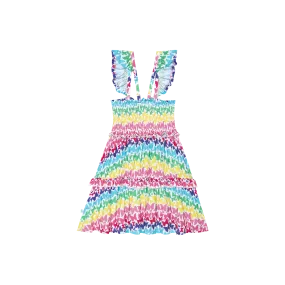Posh Peanut Smocked Flutter Sleeve Babydoll Dress - Rainbow Butterfly