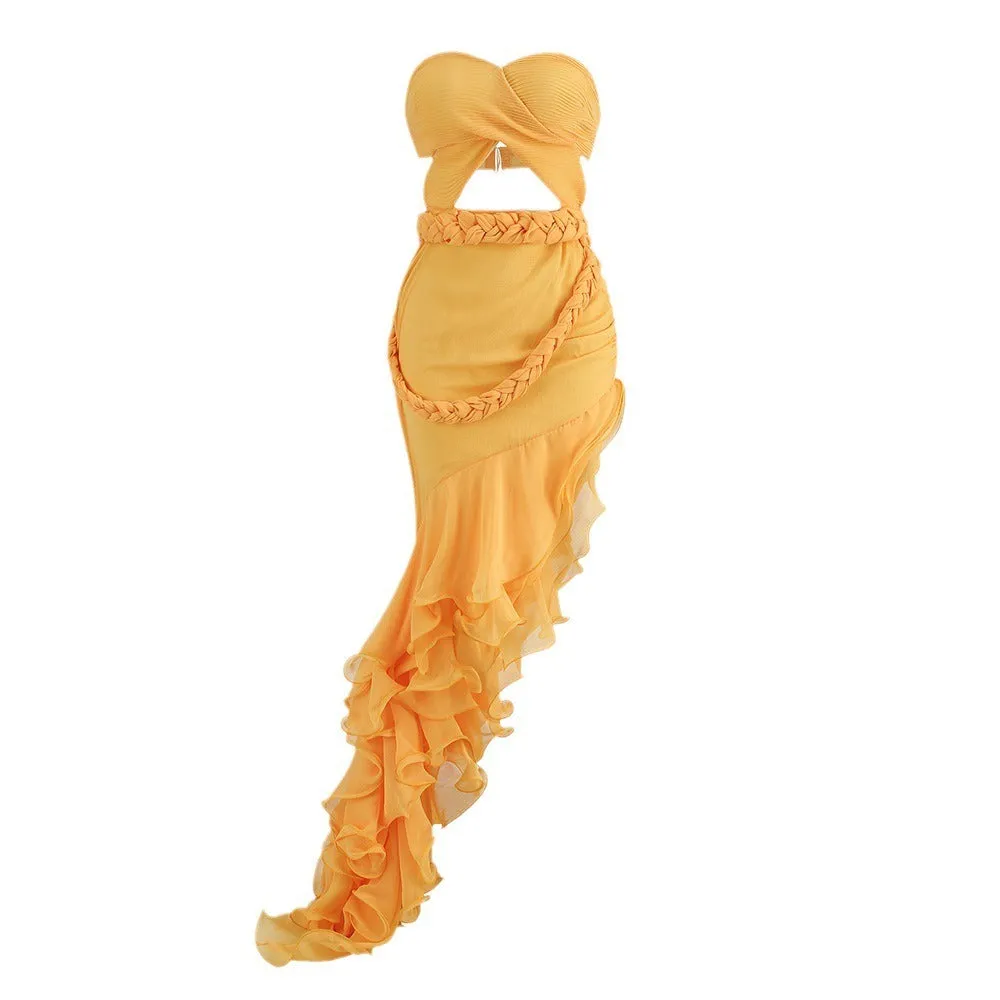 Pre Order:  Strapless Slim Fit Braided Cut Out Ruffle Edge Dress