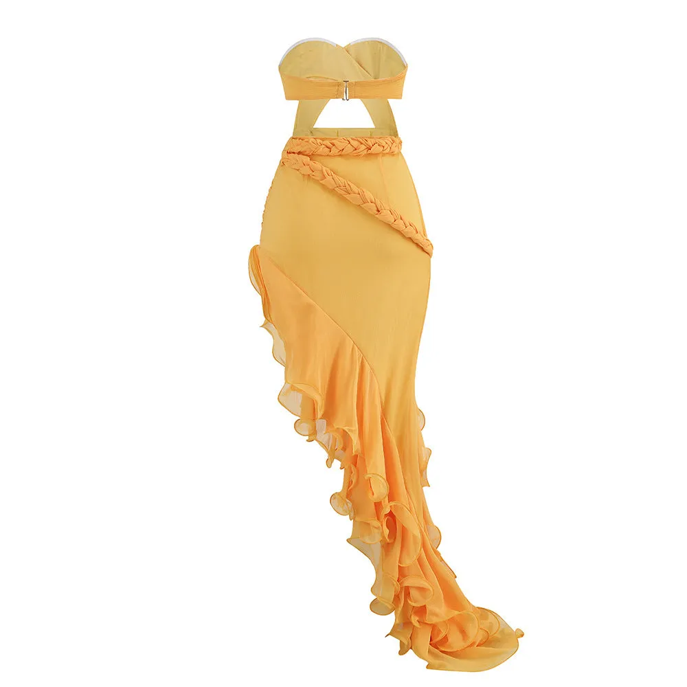 Pre Order:  Strapless Slim Fit Braided Cut Out Ruffle Edge Dress