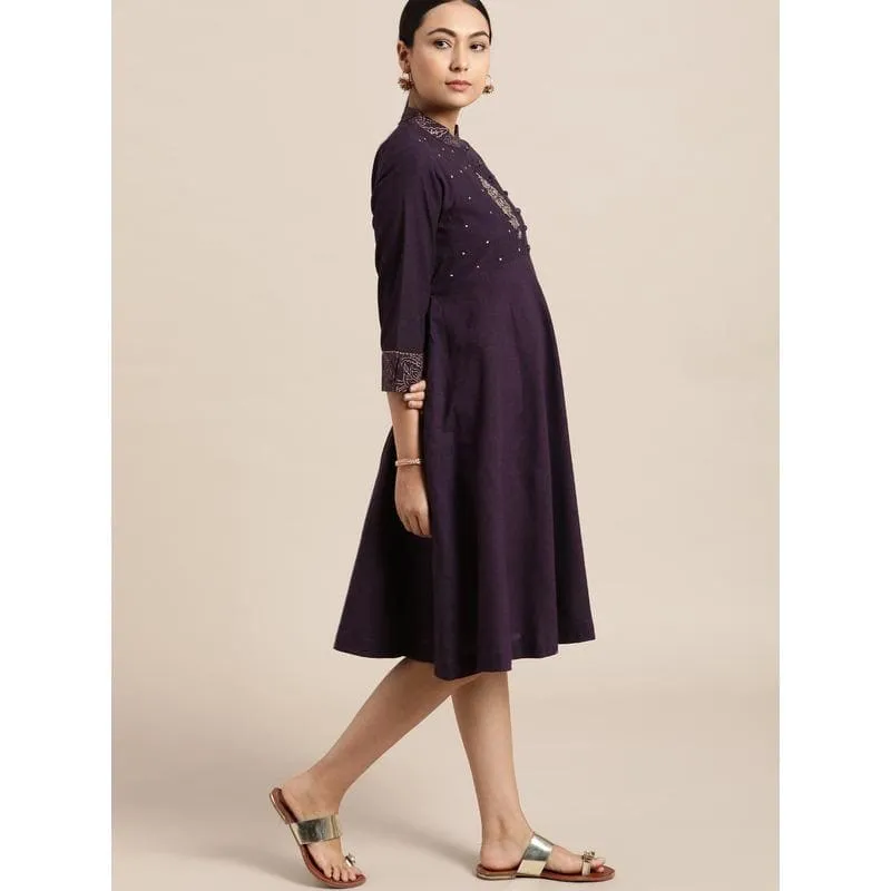 Purple Khadi Block  Print Dress