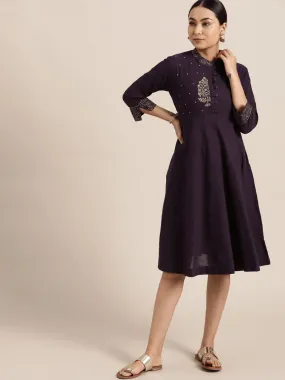 Purple Khadi Block  Print Dress