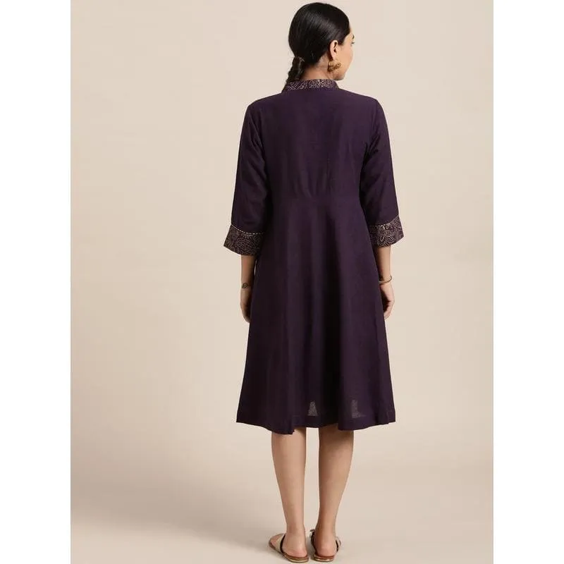 Purple Khadi Block  Print Dress