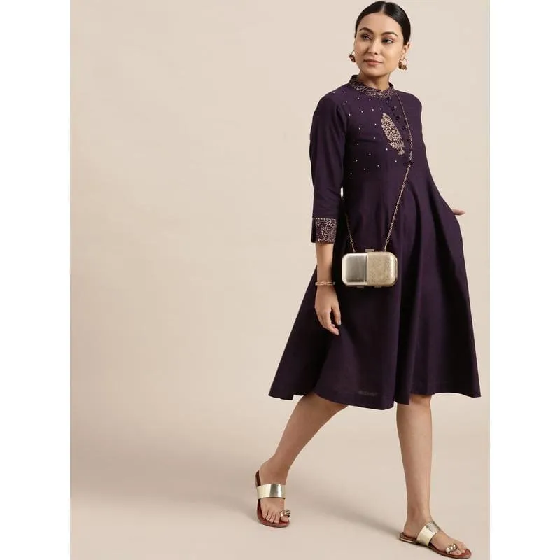 Purple Khadi Block  Print Dress