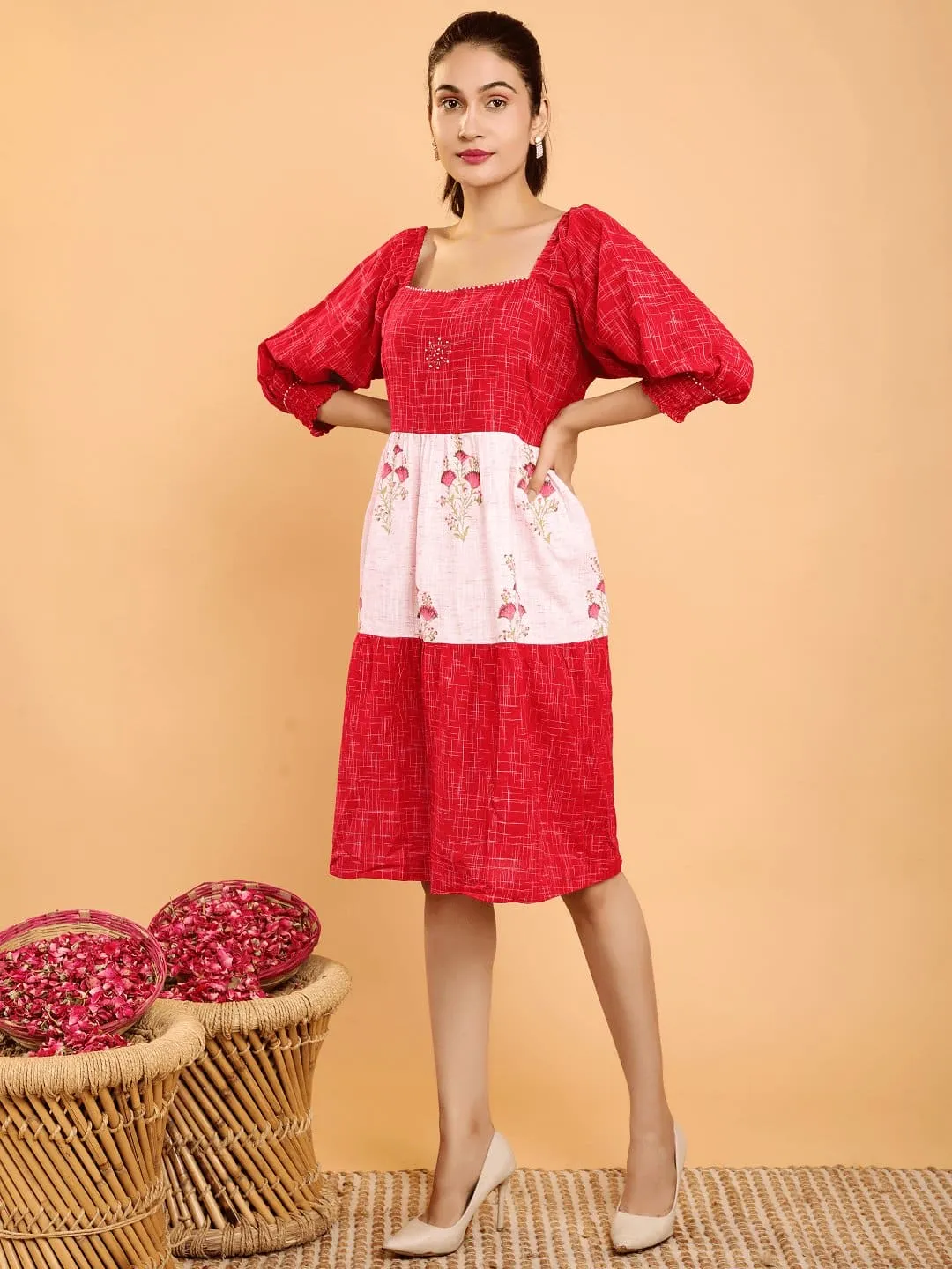 Red Layered Color Blocking Dress