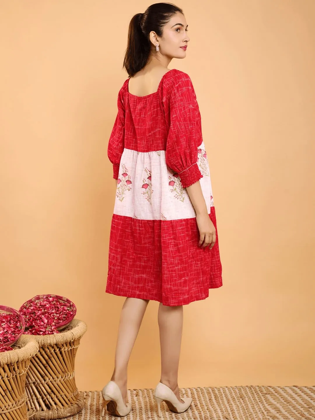 Red Layered Color Blocking Dress