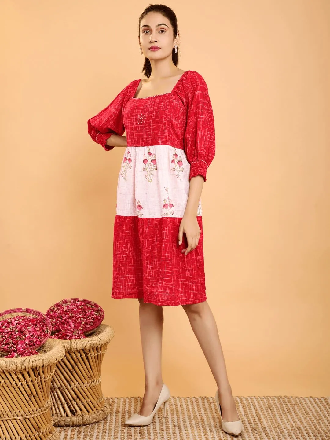 Red Layered Color Blocking Dress