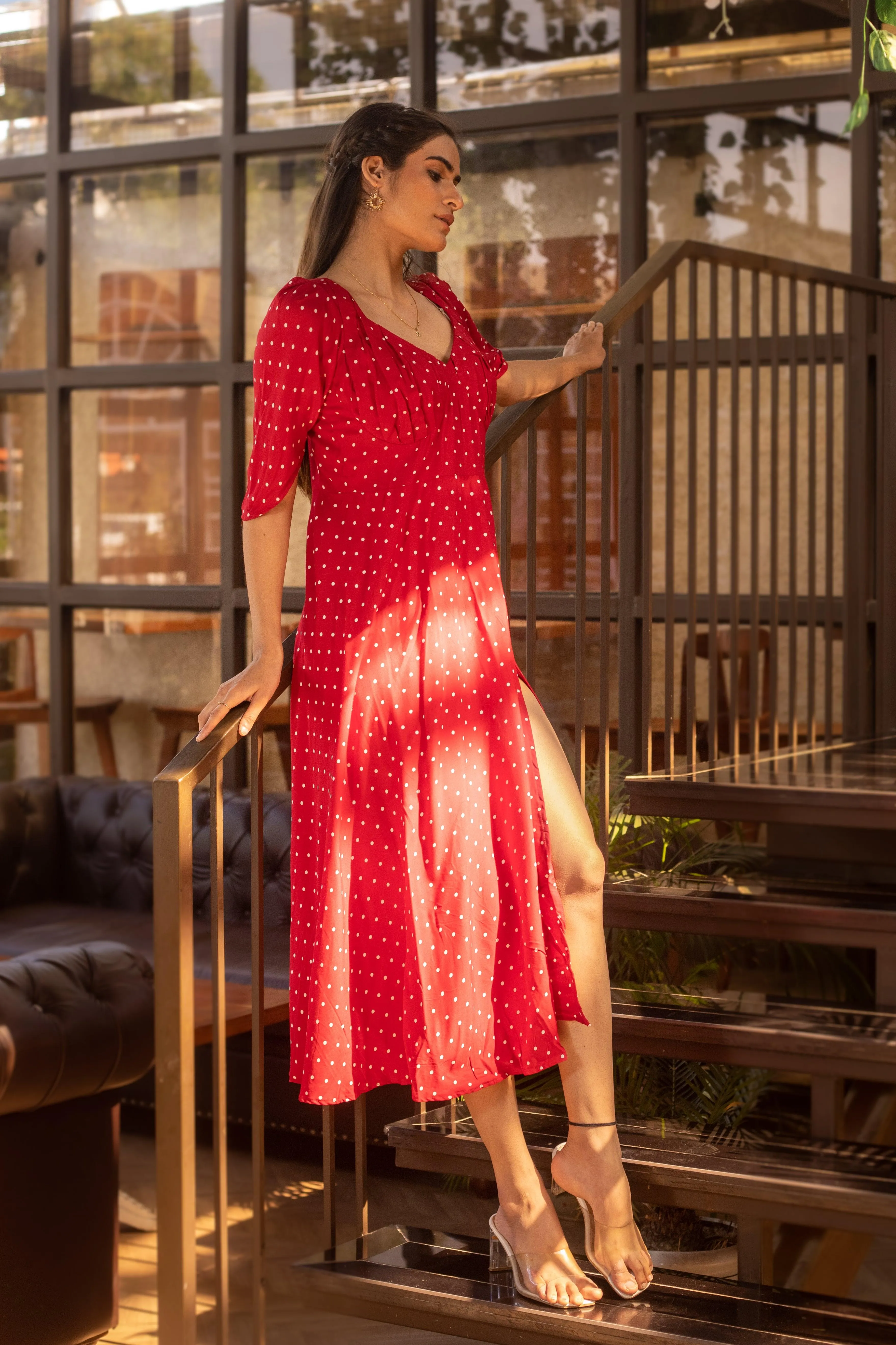 REDDISH POLKA DRESS