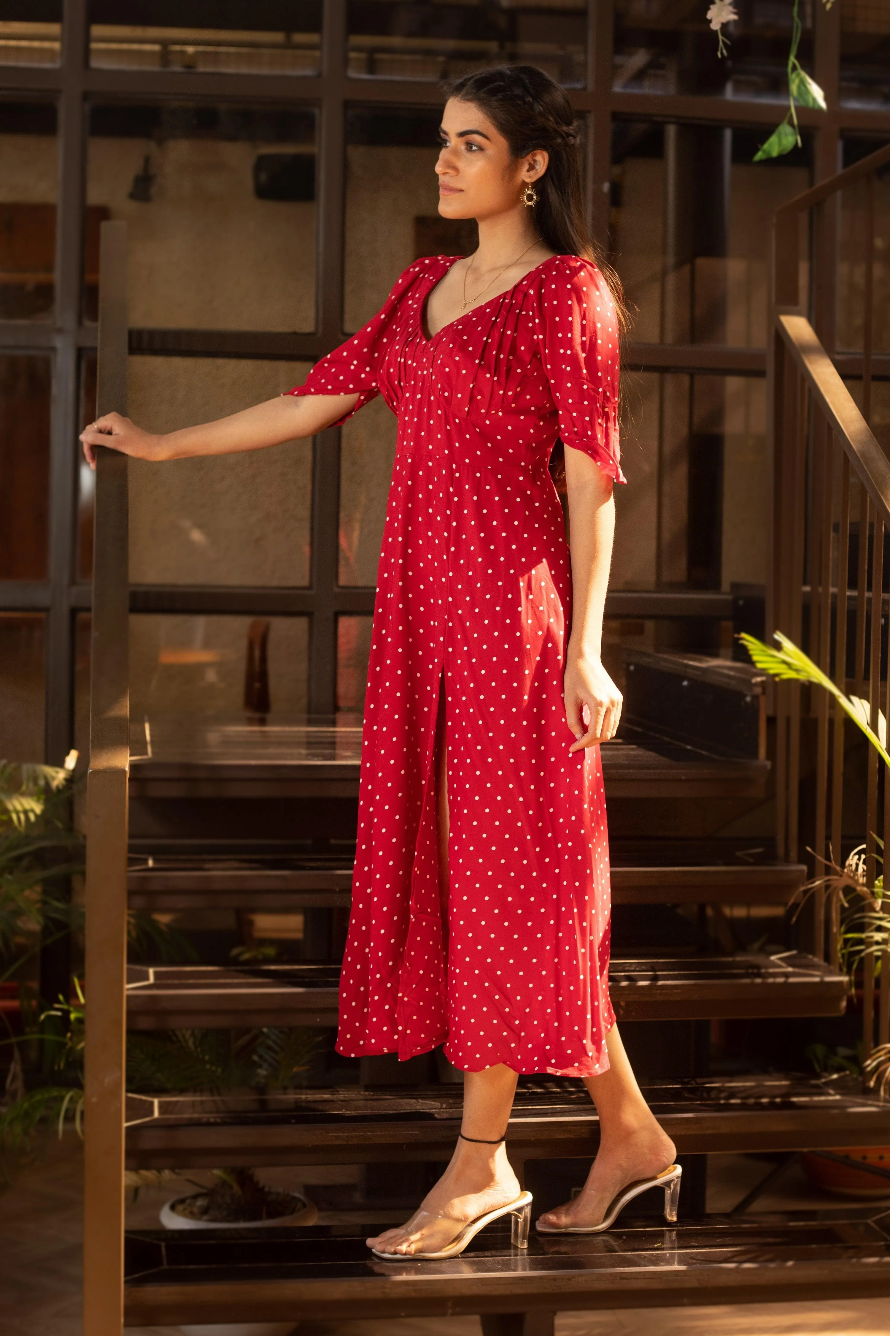 REDDISH POLKA DRESS