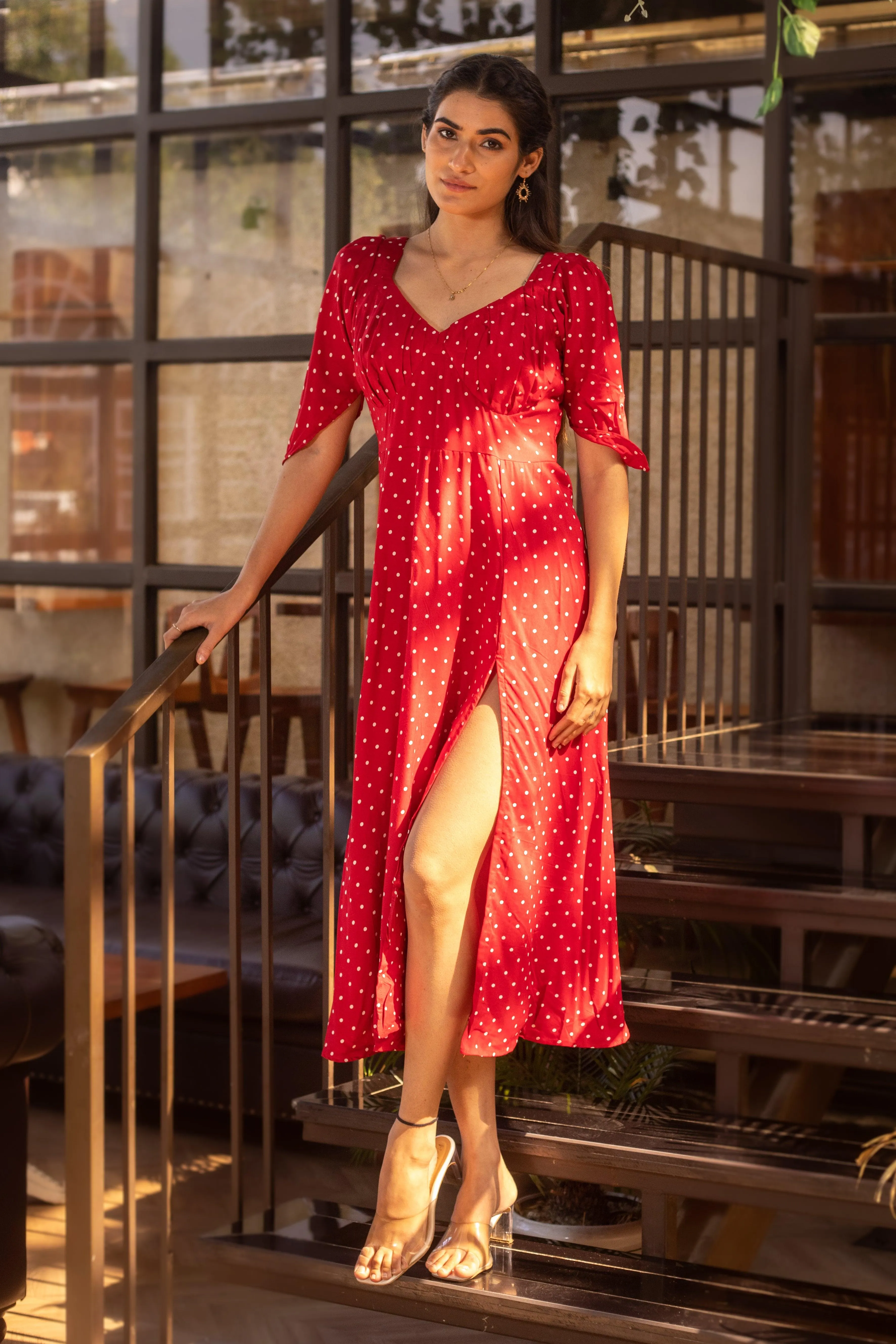 REDDISH POLKA DRESS