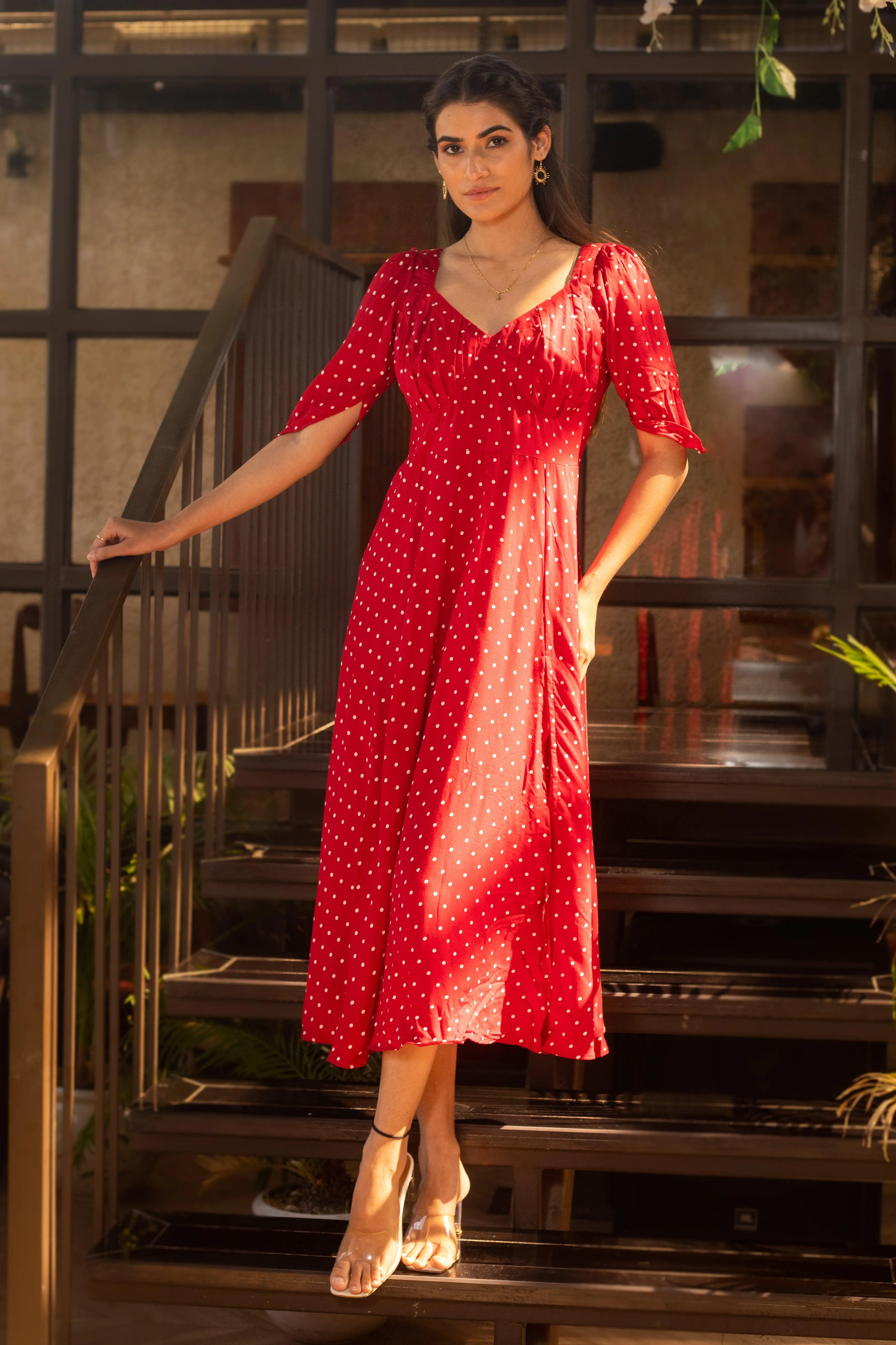 REDDISH POLKA DRESS
