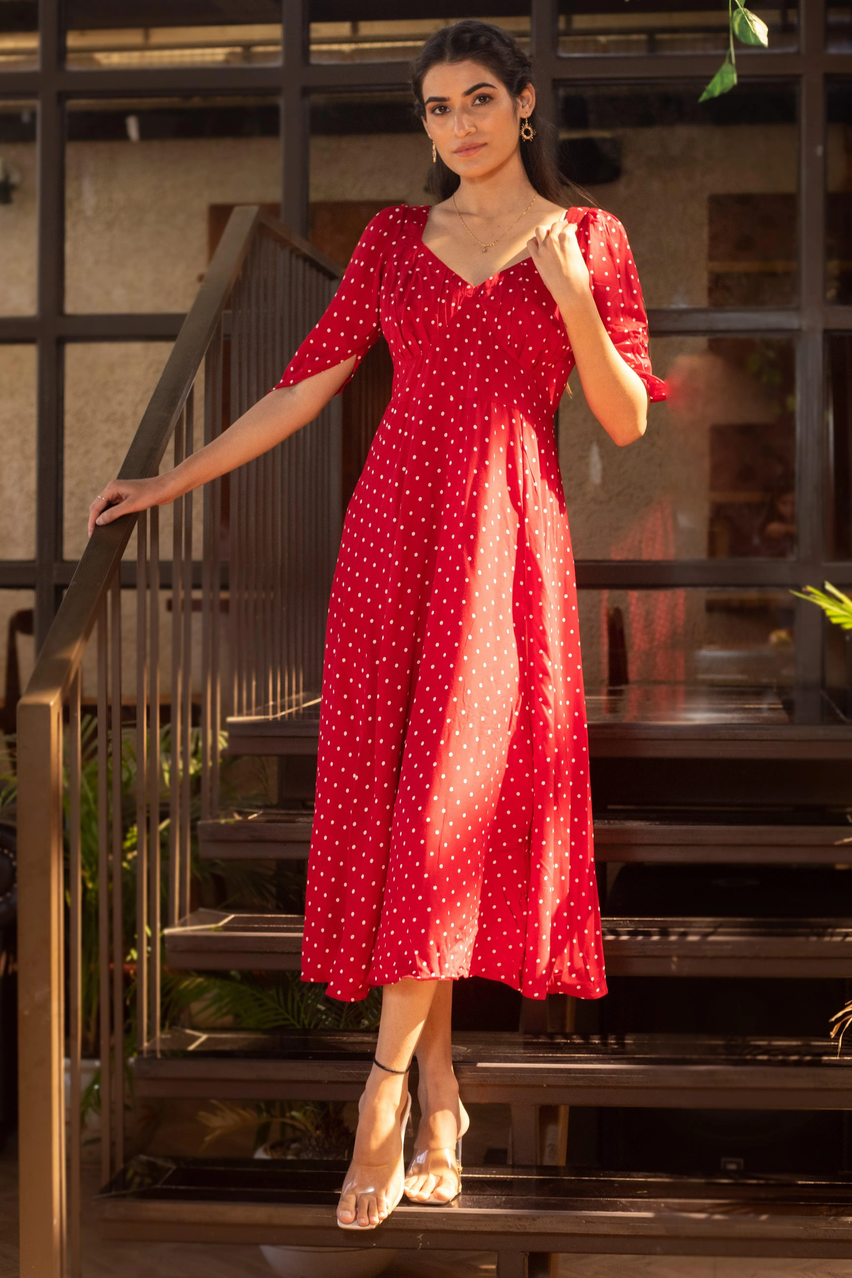 REDDISH POLKA DRESS