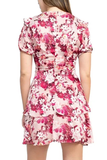 Sage Collective Crew Neck Short Sleeve Banded Waist Tiered Floral Print Satin Dress