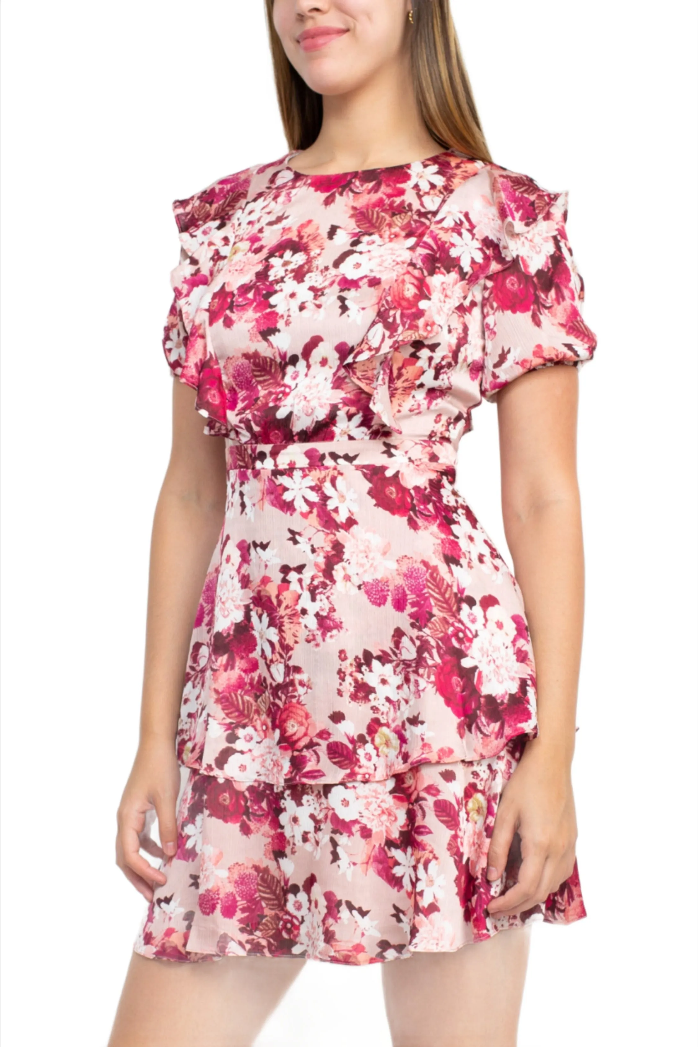 Sage Collective Crew Neck Short Sleeve Banded Waist Tiered Floral Print Satin Dress