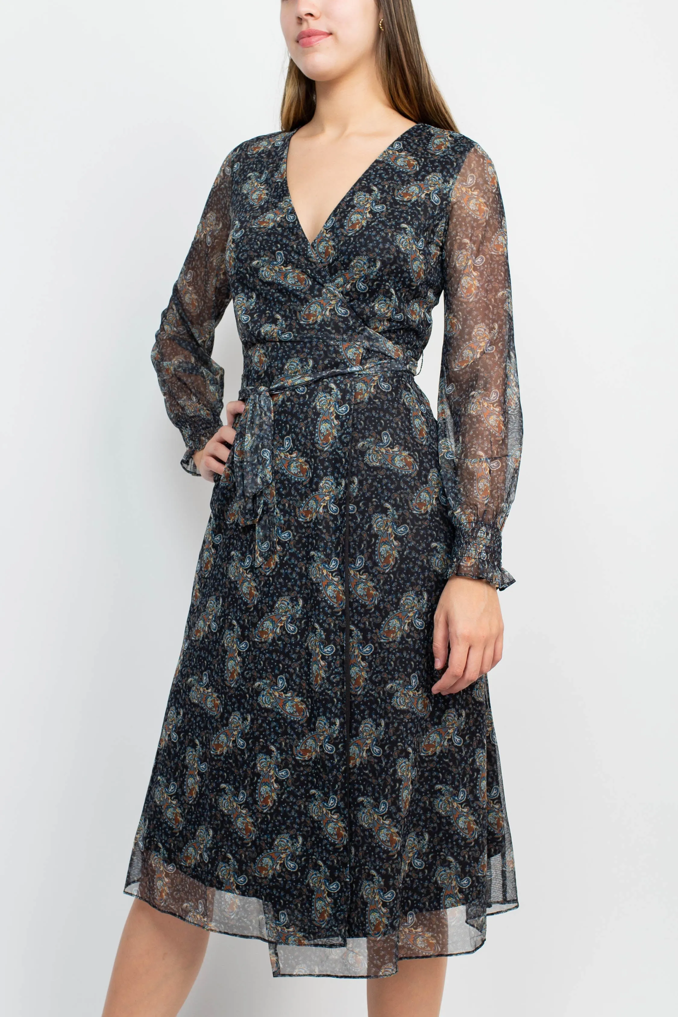 Sage Collective V-Neck Long Sleeve Tie Waist Paisley Print Power Mesh Dress