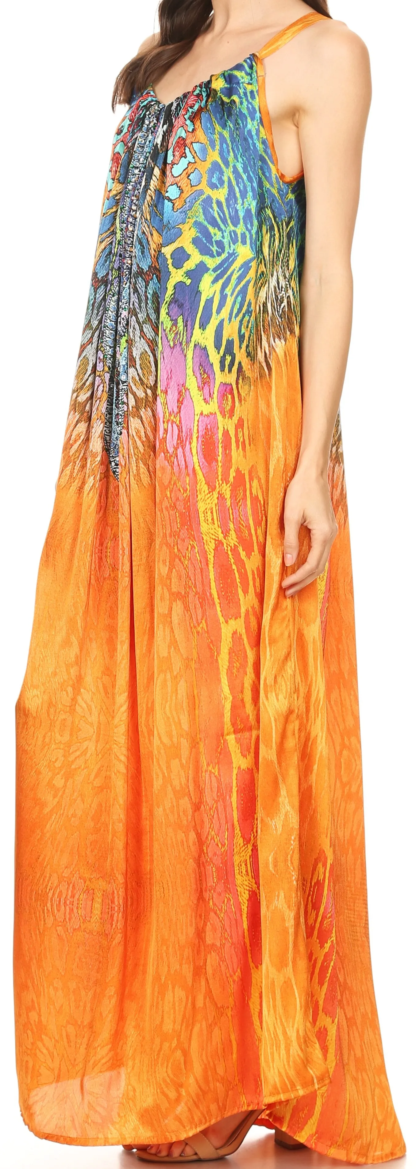 Sakkas Calypso Long Adjustable Column Dress with Animal Print and Rhinestones