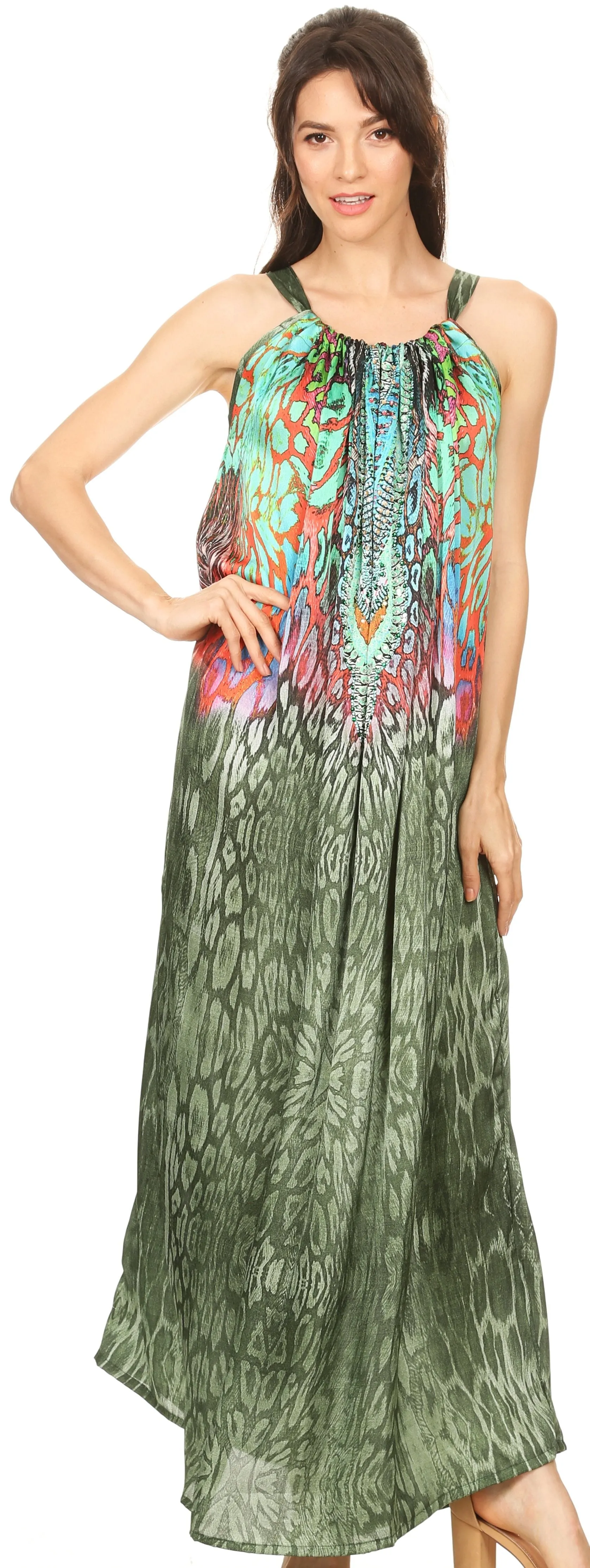 Sakkas Calypso Long Adjustable Column Dress with Animal Print and Rhinestones