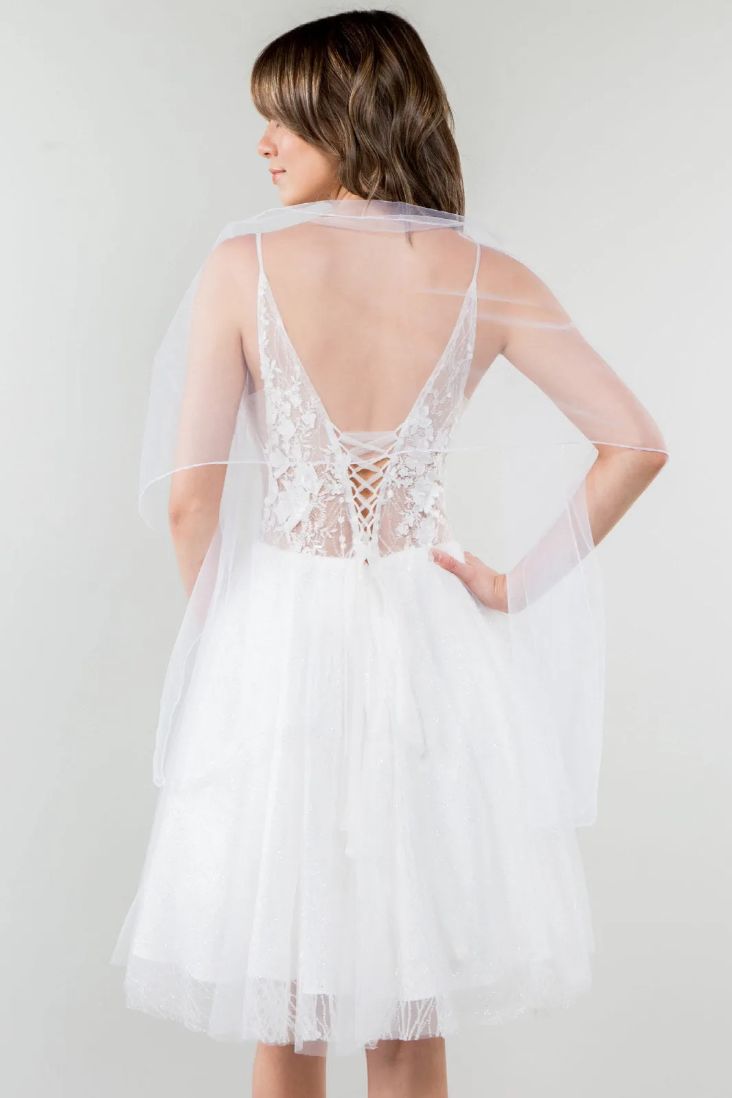 Sheer Bodice V-Neck Glitter Mesh Homecoming Dress GLGS1979