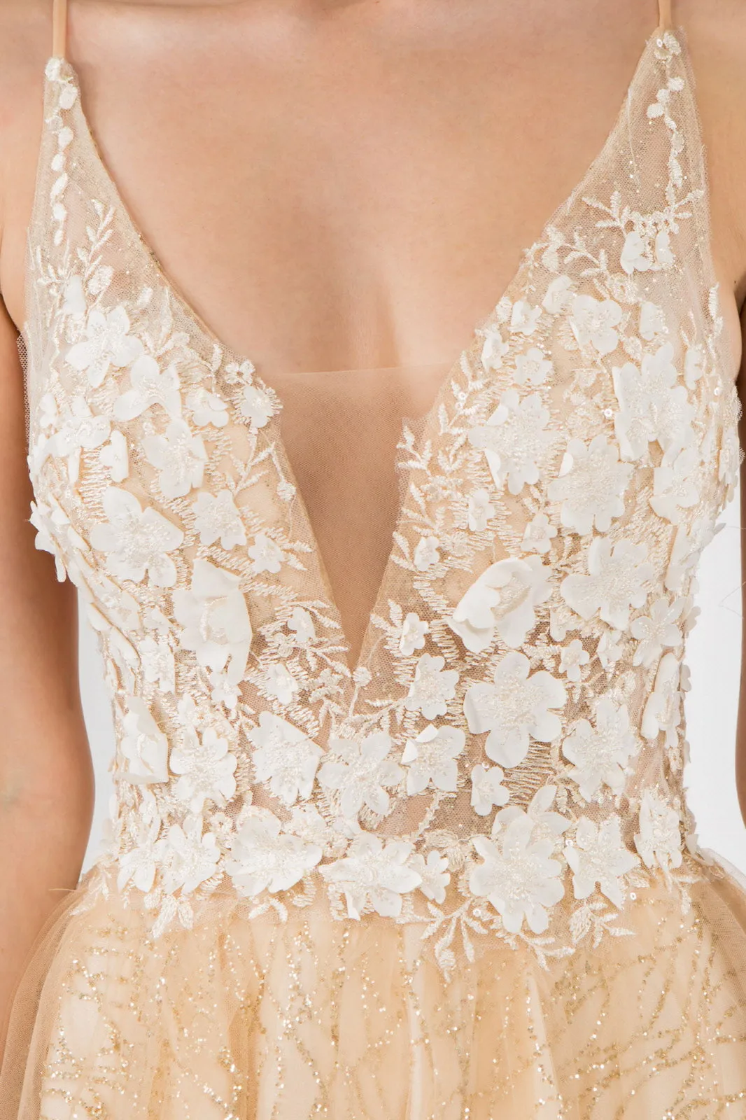 Sheer Bodice V-Neck Glitter Mesh Homecoming Dress GLGS1979