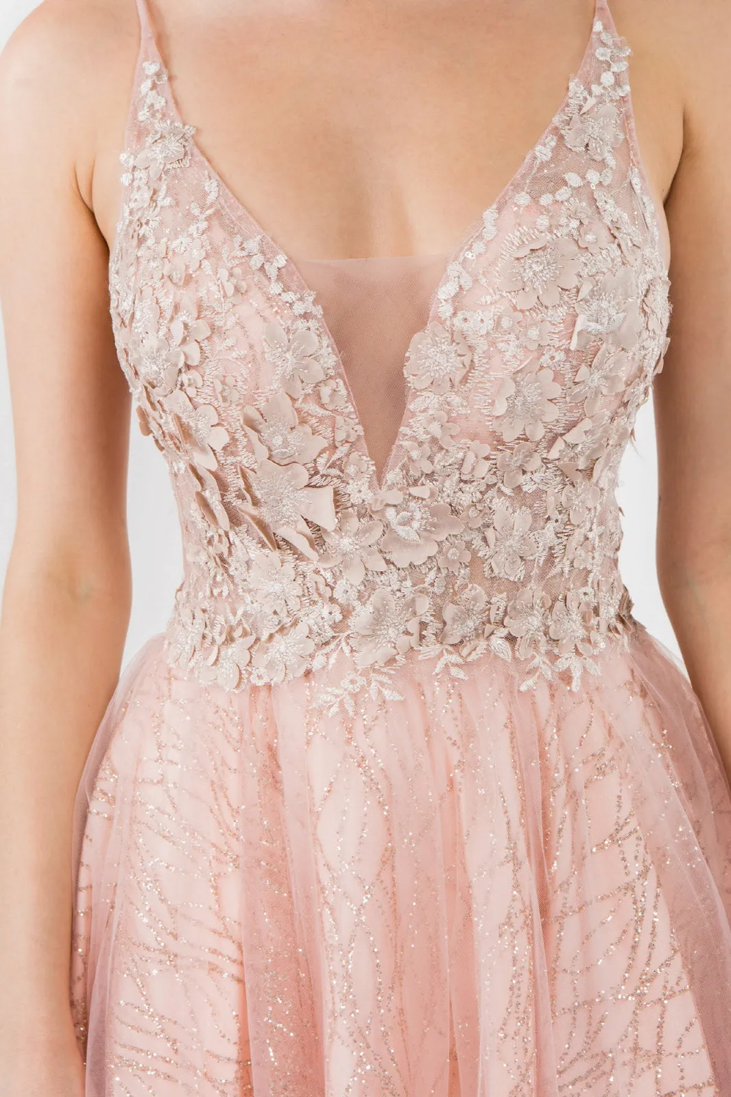 Sheer Bodice V-Neck Glitter Mesh Homecoming Dress GLGS1979