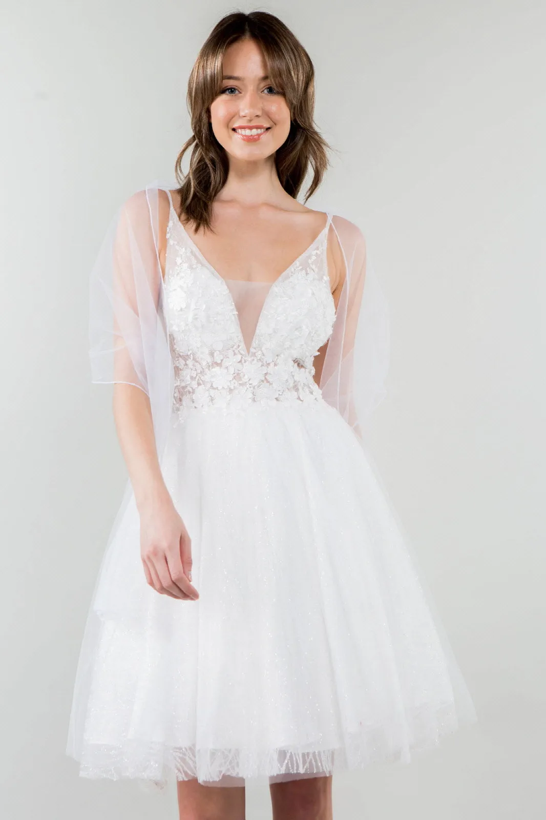 Sheer Bodice V-Neck Glitter Mesh Homecoming Dress GLGS1979