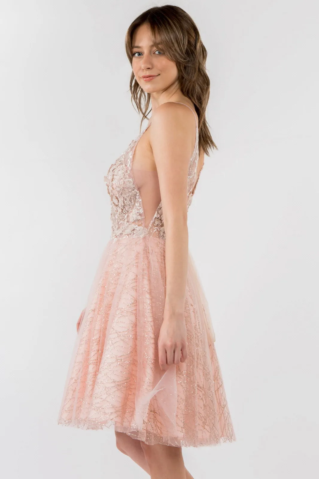 Sheer Bodice V-Neck Glitter Mesh Homecoming Dress GLGS1979