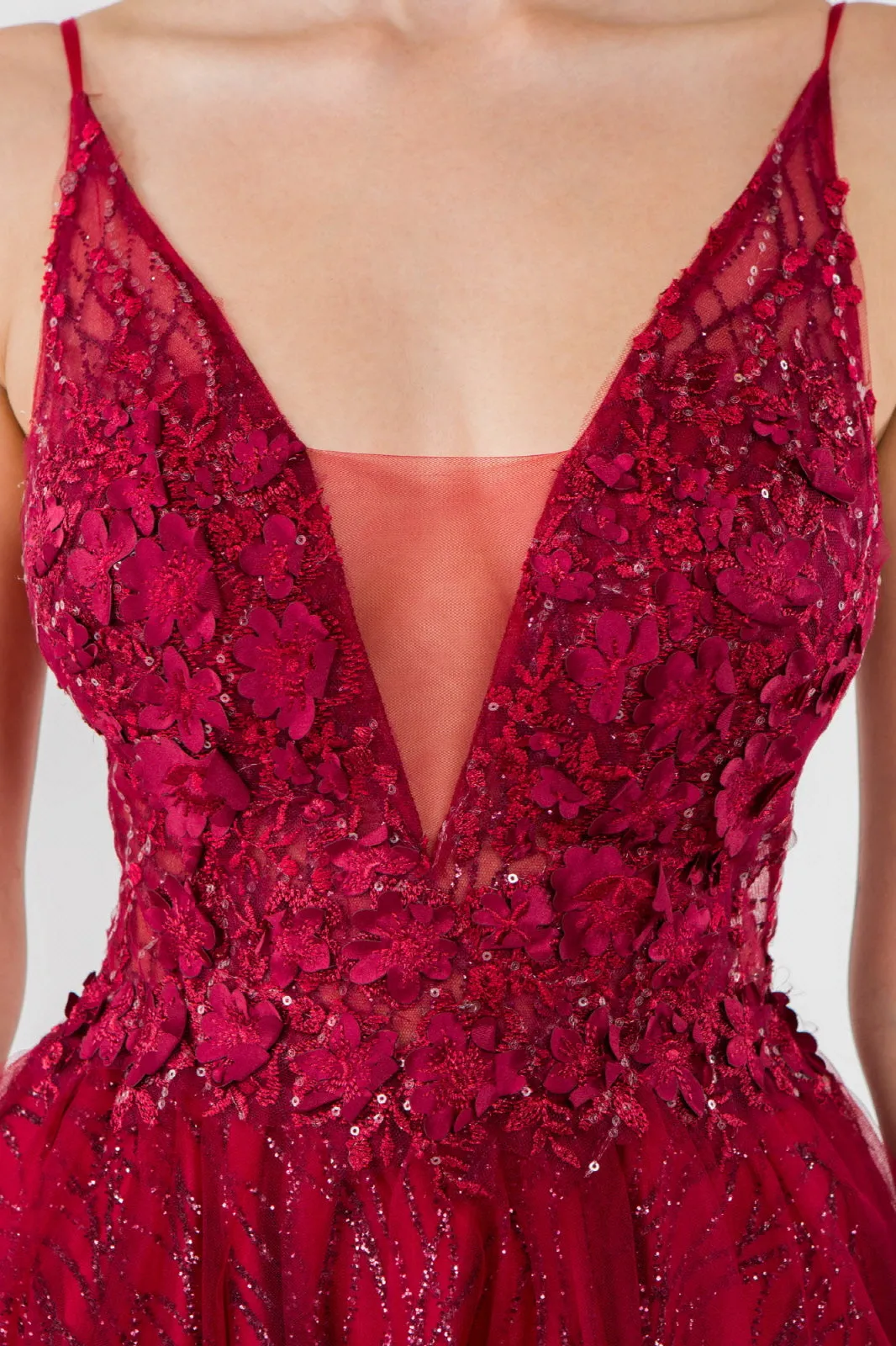 Sheer Bodice V-Neck Glitter Mesh Homecoming Dress GLGS1979