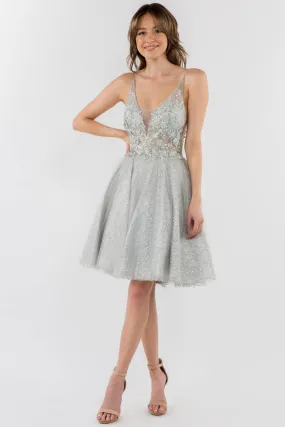 Sheer Bodice V-Neck Glitter Mesh Homecoming Dress GLGS1979