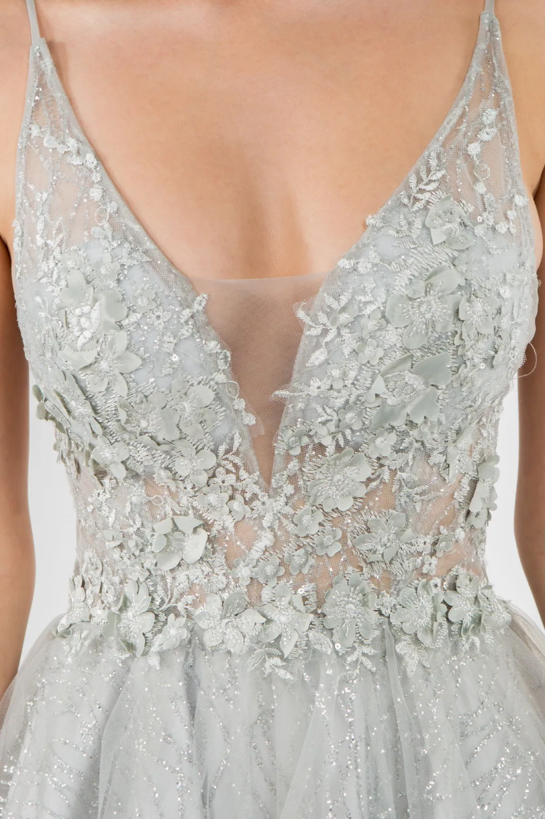 Sheer Bodice V-Neck Glitter Mesh Homecoming Dress GLGS1979