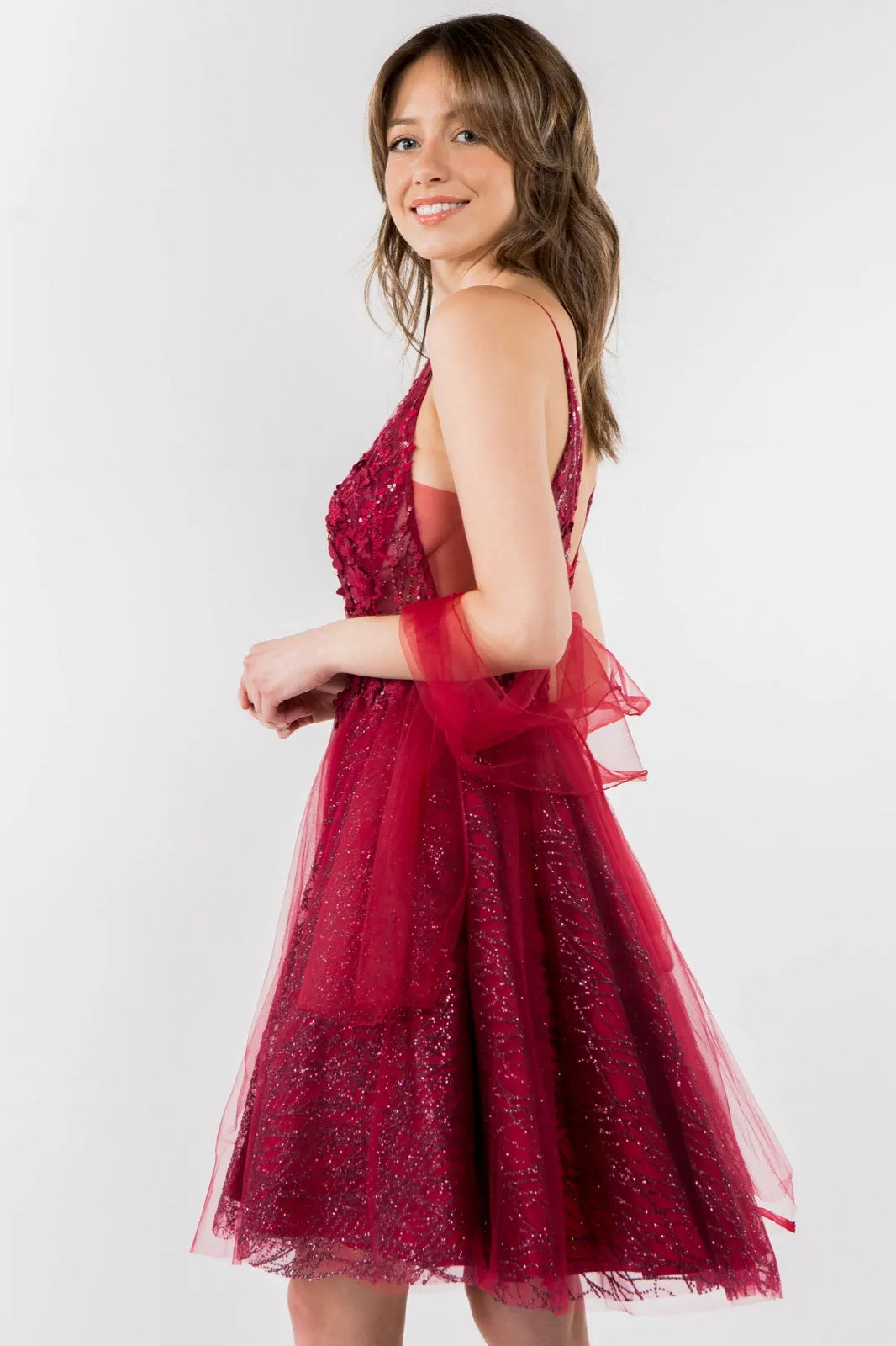 Sheer Bodice V-Neck Glitter Mesh Homecoming Dress GLGS1979