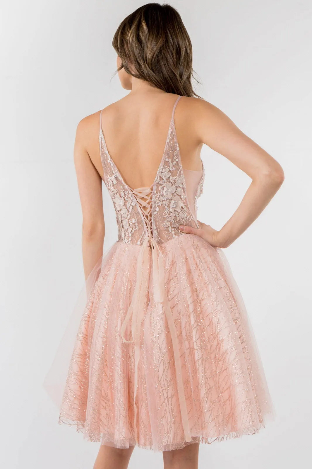 Sheer Bodice V-Neck Glitter Mesh Homecoming Dress GLGS1979