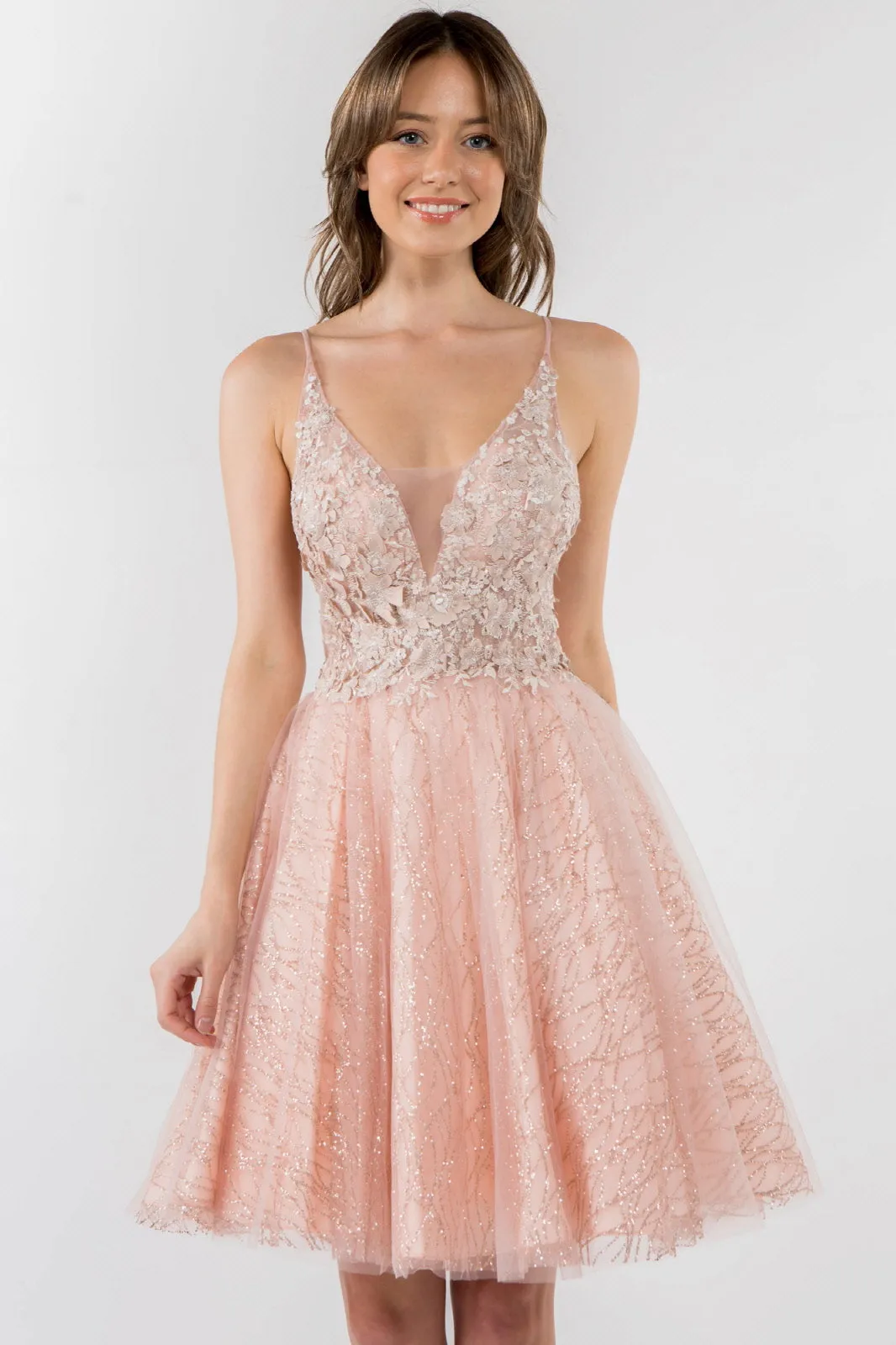 Sheer Bodice V-Neck Glitter Mesh Homecoming Dress GLGS1979
